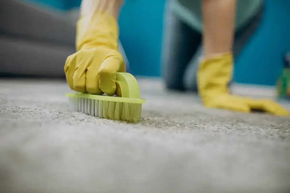 Close up of housewife in yellow rubber gloves cleaning carpet from spots with brush. Concept of working process and household.