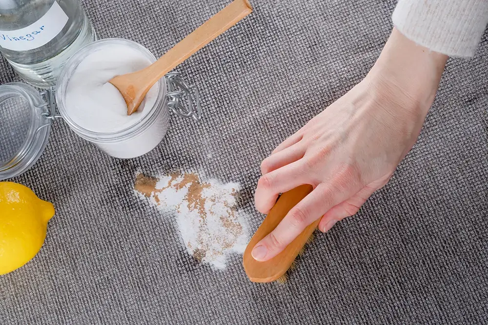 A woman hand powder a stain on the sofa upholstery or carpet with baking soda. Natural cleaning products.